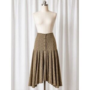 LUCE Asymmetrical Gold Metallic Button Front Center Split Drop Waist Full Skirt